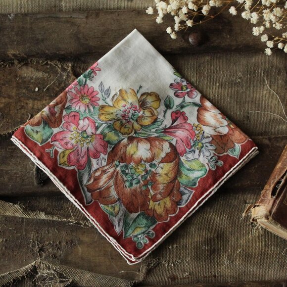 Vintage Handkerchief, Brown Flower Print Cotton Hankie - Picture 2 of 10